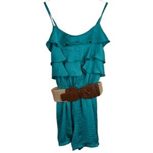 Shasa Romper S Womens Ruffle Adjustable Strap Teal Belted Boho Festival Stretch